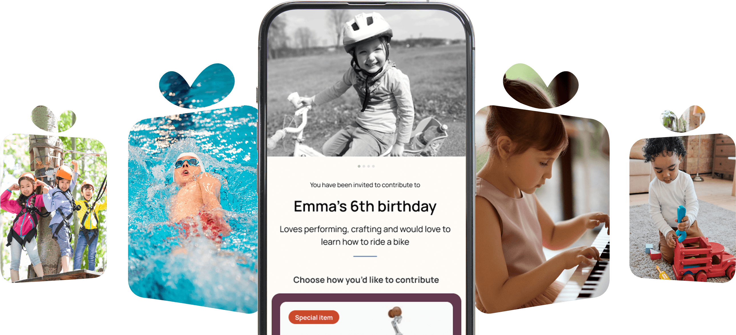 A Gift Ripple invitation on a phone, surrounded by photos of children playing